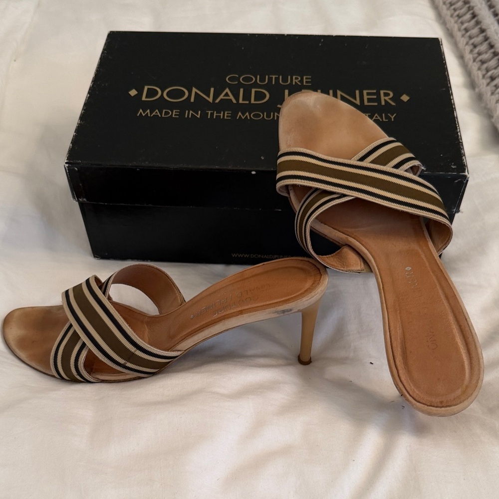 Donald J. Pliner Tan Leather Strappy Heeled Sandals with Black and Cream Stripes